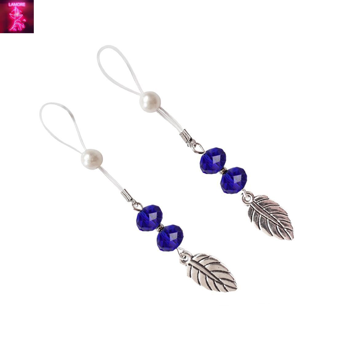 Прикраси з намистинами та листочком для сосків Art of Sex &ndash; Nipple Jewelry Leaf, сині