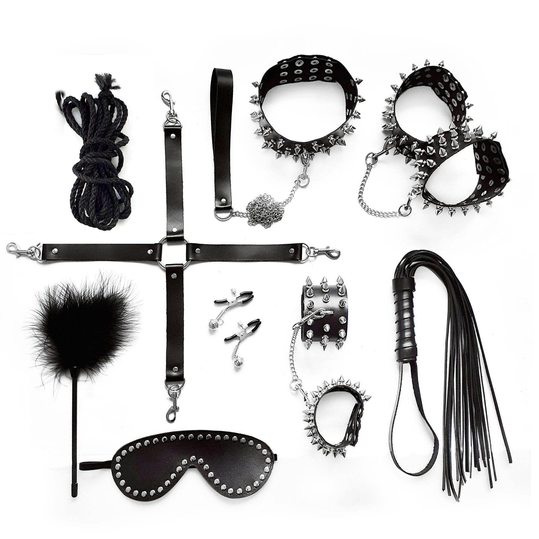 BDSM-набір Art of Sex &ndash; Spikes BDSM Set Leather, 10 предметів, чорний, натуральна шкіра