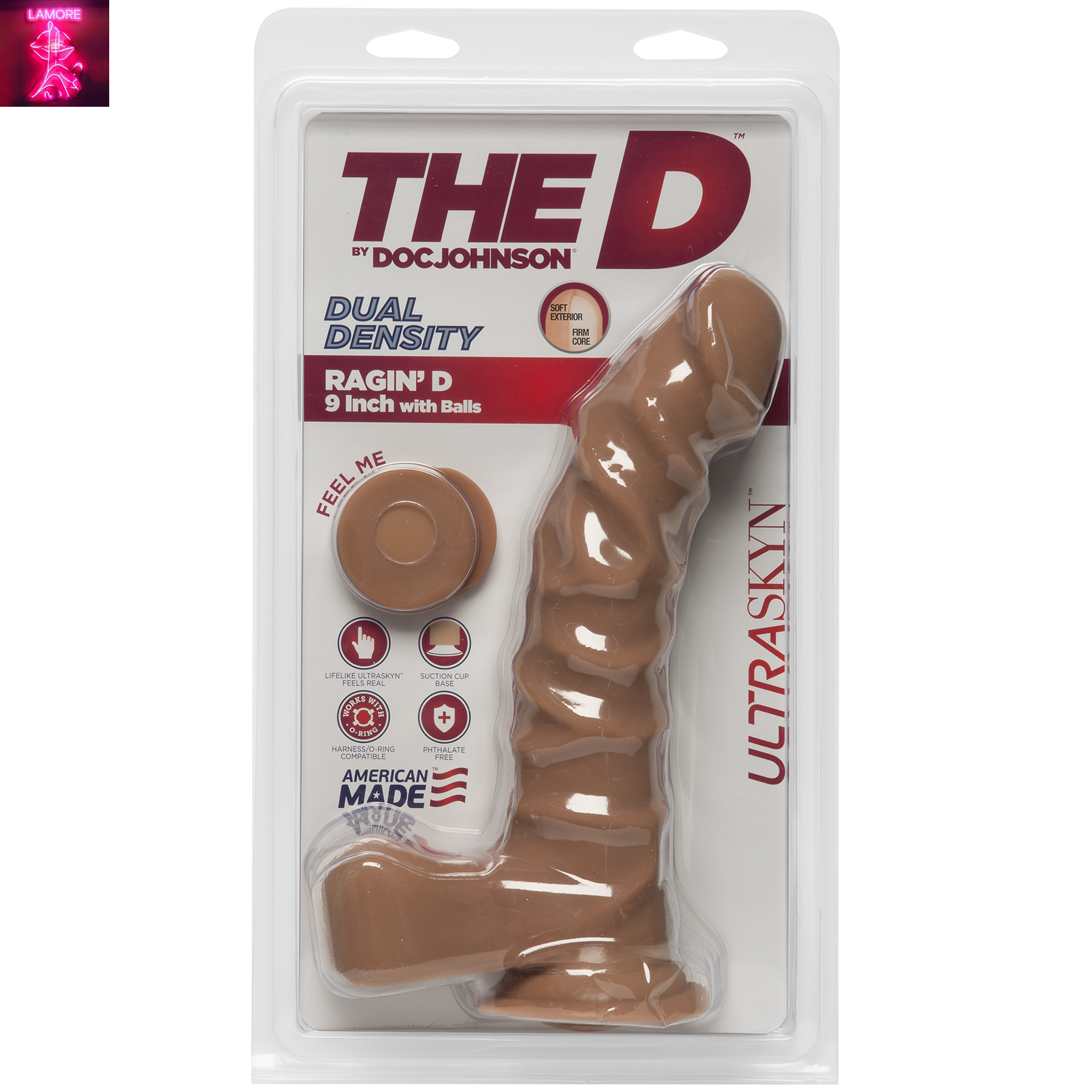 Фалоімітатор Doc Johnson The D - Ragin D - 9 Inch With Balls - ULTRASKYN - Caramel, діаметр 5,1 см