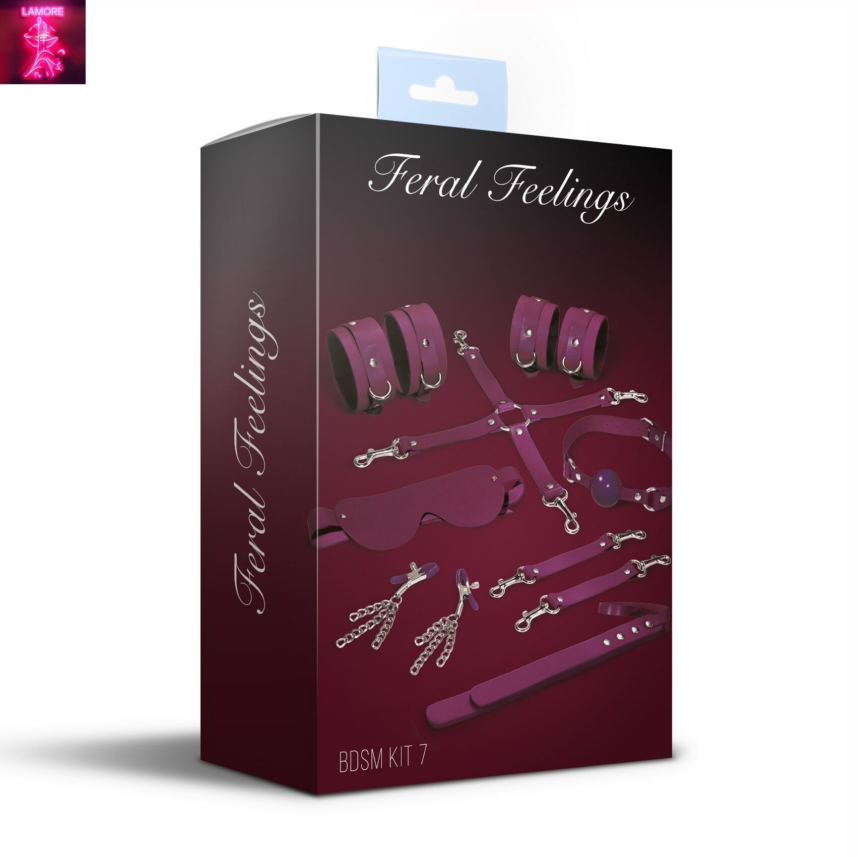 Набір Feral Feelings BDSM Kit 7 Burgundy, наручники, поножі, конектор, маска, падл, кляп, затискачі