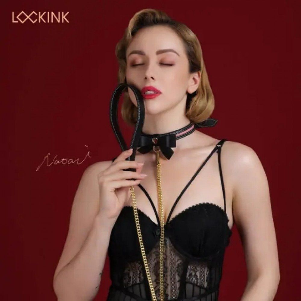 Нашийник з бантиком та повідцем Sevanda Lockink, шкіра та метал, чорний