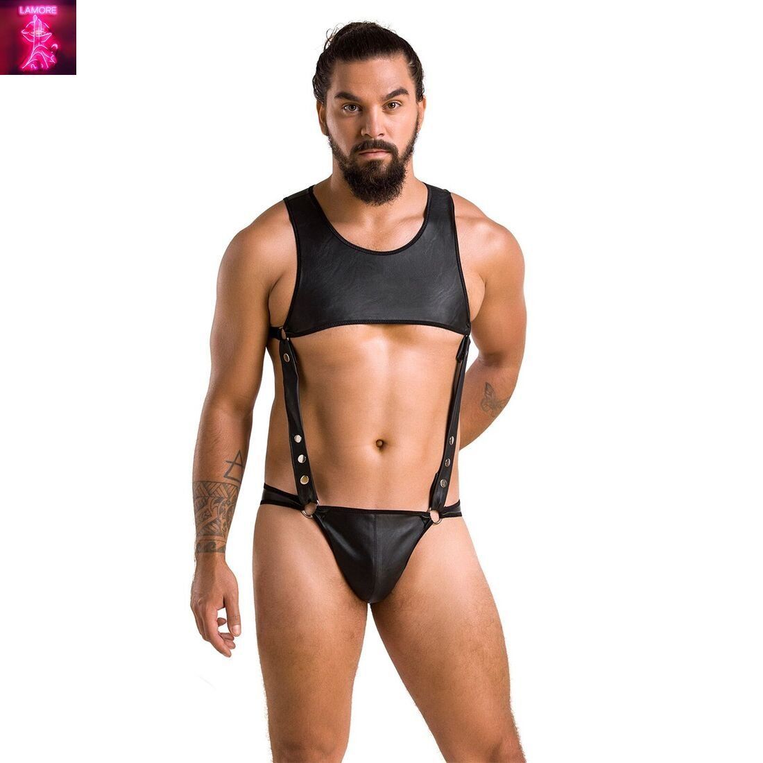 Чоловіче шкіряне боді Passion 056 ADAM XXL/XXXL Black, заклепки
